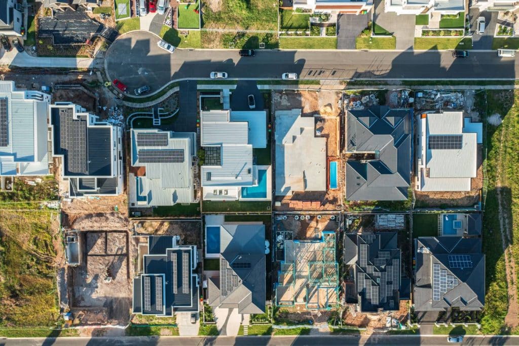 Aerial photo of homes being built in a developing Melbourne suburb
